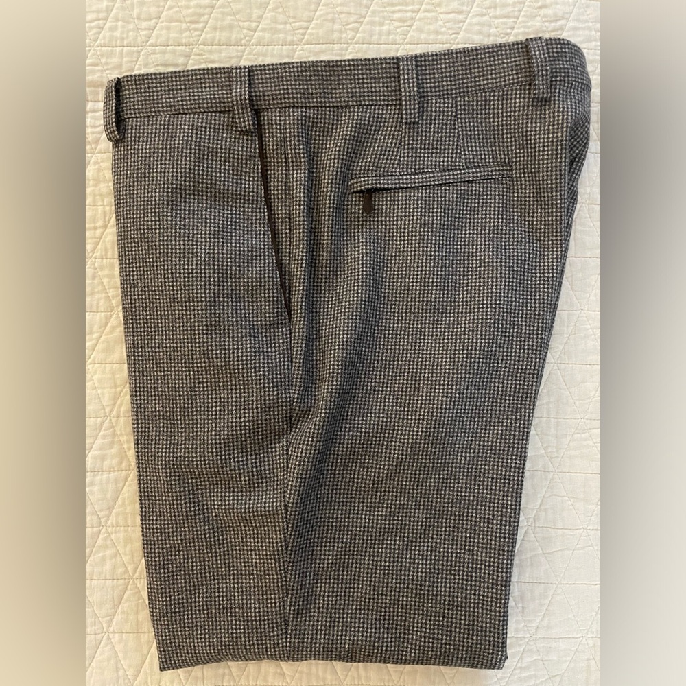 SARTORE Made in Italy Wool Flannel Heather Brown Check Flat Front Pant Size 38‎